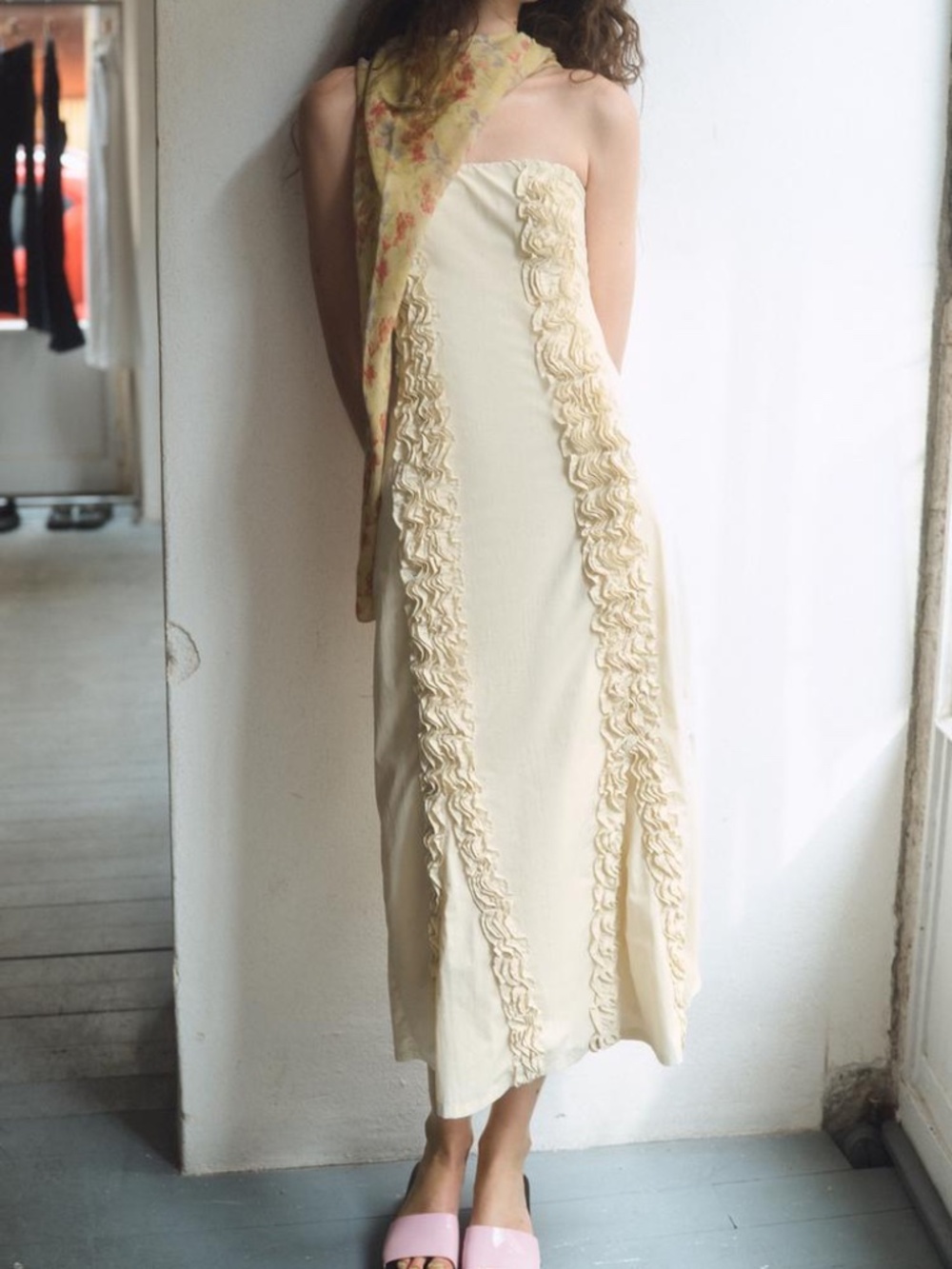 Zara Midi Dress Embossed Ruffles NWT Ivory Cream Size Small